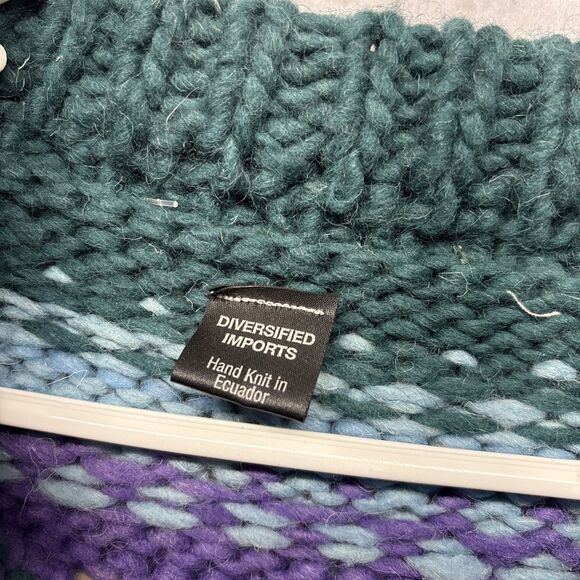 Artisan Wool Sweater Unisex L ? Green Purple Chunky Ecuador Hand Knit Ski Thick - Picture 2 of 6